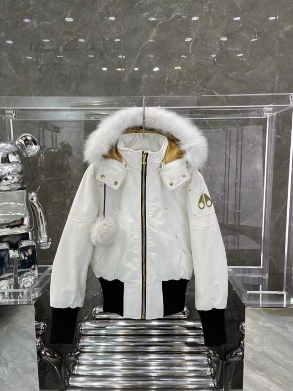 Moose Knuckles White Gold‑Tone Fur Hood Bomber Jacket